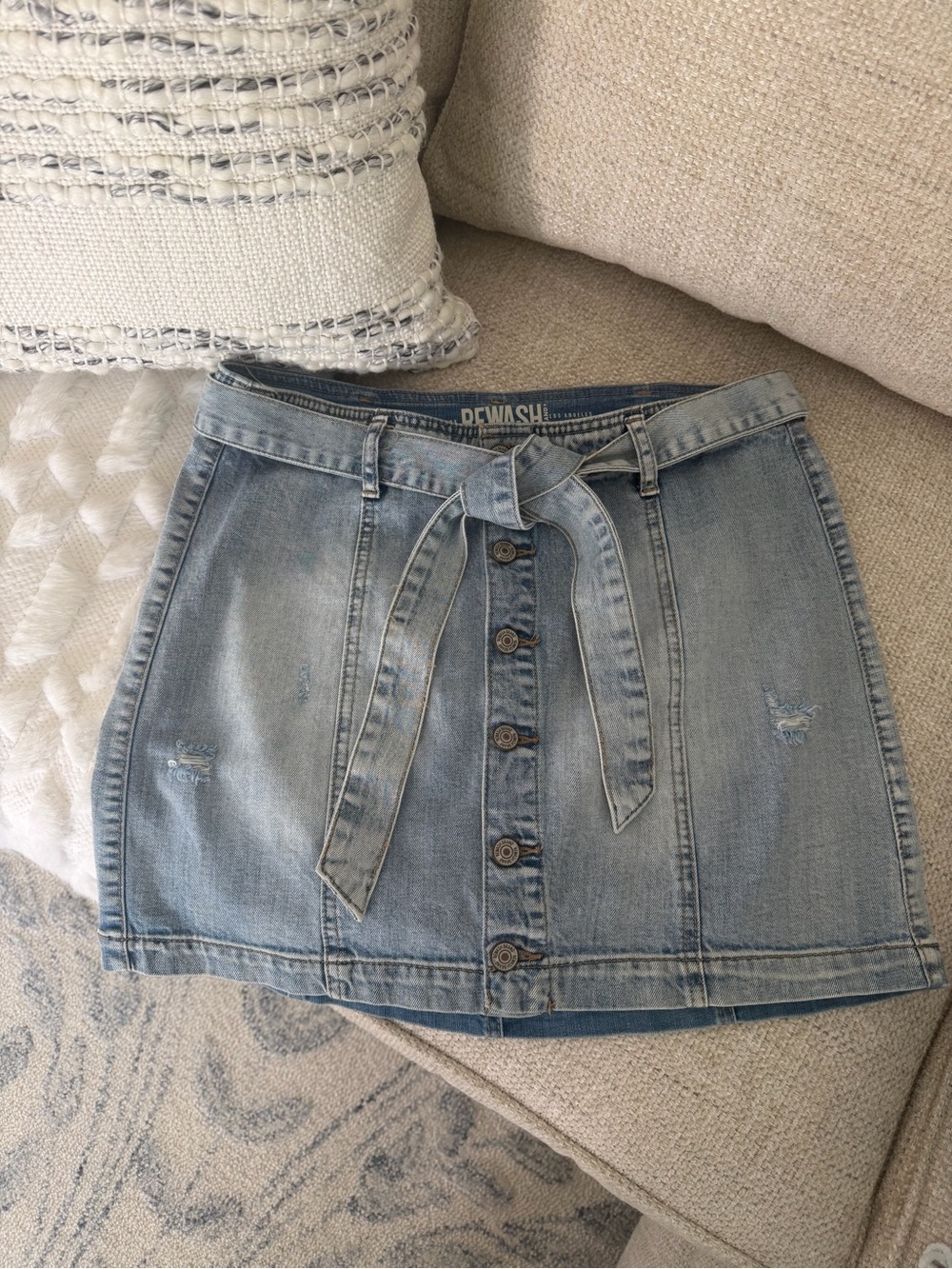 Rewash Light Blue Denim Button-Front Mini Skirt with Tie Belt